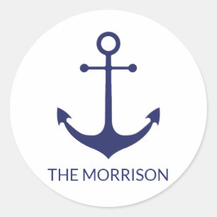 Pegatina Redonda Personalizado Nombre del barco ancla náutica azul