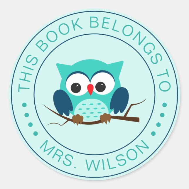 Pegatina Redonda Personalizado Owl Este Libro Pertenece A Personali (Anverso)