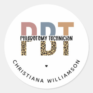 Pegatina Redonda Personalizado PBT Phlebotomy Technician Leopard Pr