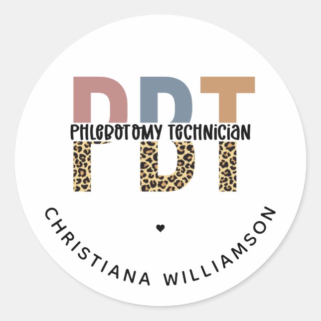 Pegatina Redonda Personalizado PBT Phlebotomy Technician Leopard Pr (Anverso)