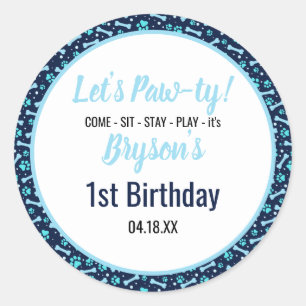 Pegatina Redonda Personalizado Perro Cumpleaños Blue Paw Imprimir M