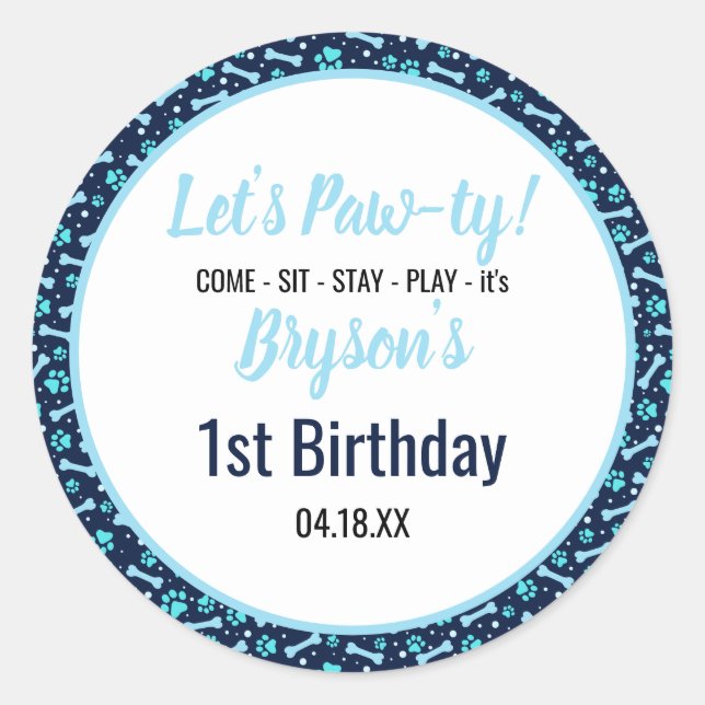 Pegatina Redonda Personalizado Perro Cumpleaños Blue Paw Imprimir M (Anverso)