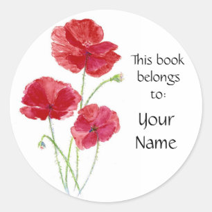 Pegatina Redonda Personalizado - Placa de libro - Poppies rojos - A