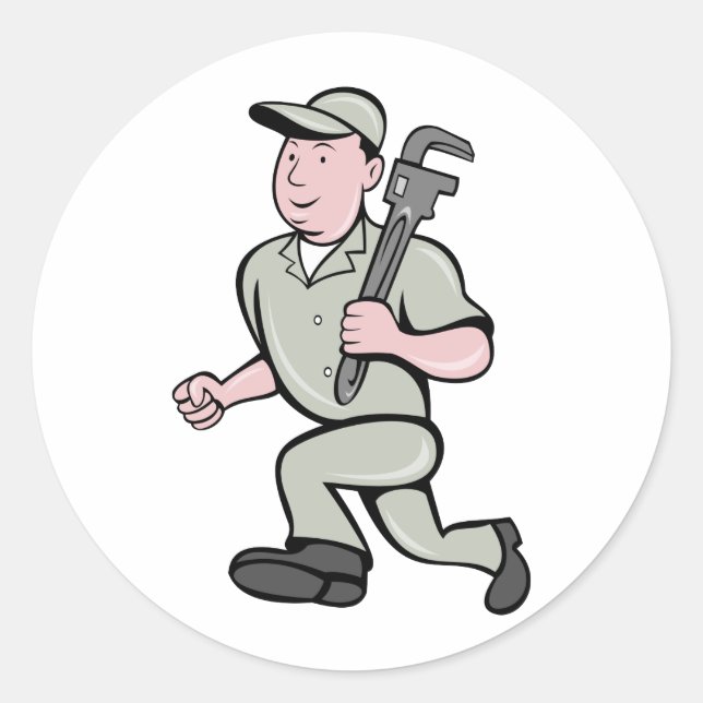 Pegatina Redonda Personalizado Plumber con llave de mono en marcha (Anverso)