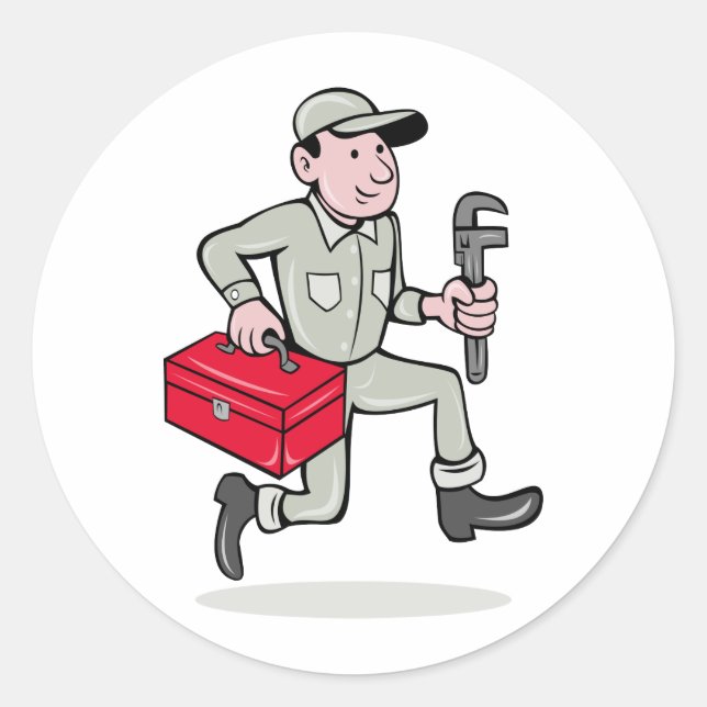 Pegatina Redonda Personalizado Plumber con llave de mono en marcha (Anverso)