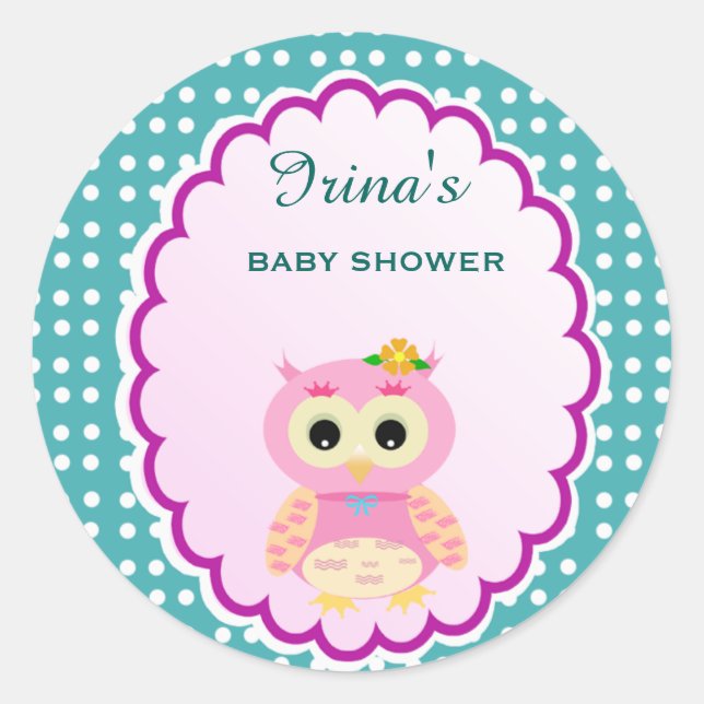 Pegatina Redonda Personalizado Polkadot Owl Baby Shower Favorecer e (Anverso)