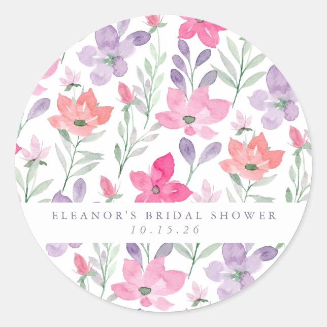Pegatina Redonda Personalizado Púrpura Púrpura Acuarela Floral Brid (Anverso)