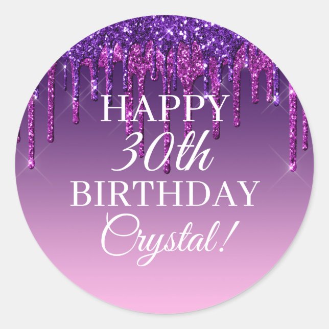 Pegatina Redonda Personalizado Purpurina morado Drin feliz cumpleañ (Anverso)