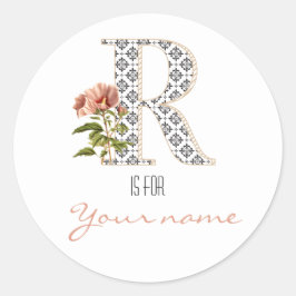 Pegatina Redonda Personalizado R Nombre Flor Floral Letra retro R V