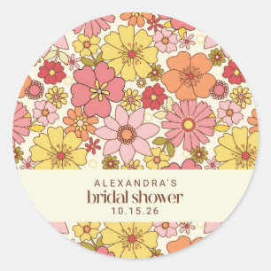 Pegatina Redonda Personalizado Retro Boho amarillo rosa Floral Brid