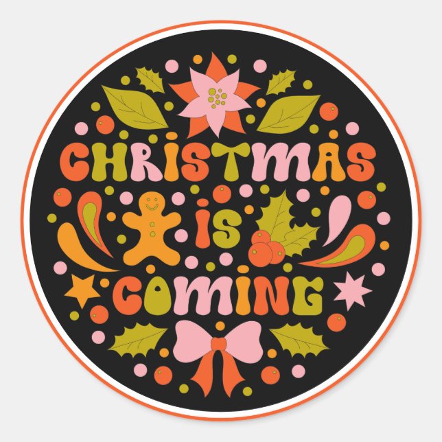 Pegatina Redonda Personalizado retro "los Navidades vienen", una di (Anverso)
