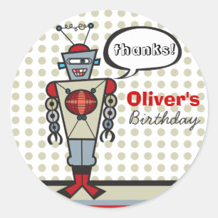 Pegatina Redonda Personalizado Retro Robot Cute Niños Fiesta de Cum
