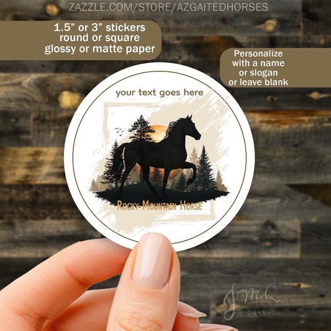 Pegatina Redonda Personalizado Rocky Mountain Horse Sunset Silhouet (Round sticker featuring a Rocky Mountain Horse silhouette at sunset with editable text area)