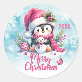 Pegatina Redonda Personalizado rosa Año lindo pingüino Feliz Navida