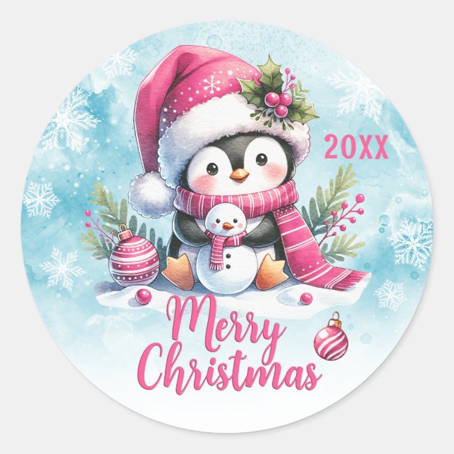 Pegatina Redonda Personalizado rosa Año lindo pingüino Feliz Navida (Anverso)