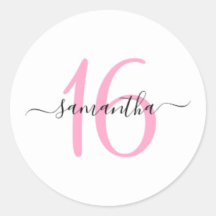 Pegatina Redonda Personalizado Rosa Cumpleaños 16