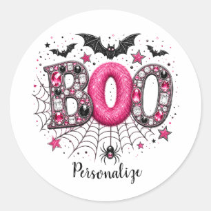 Pegatina Redonda Personalizado Rosa Falso Joyero Boo Halloween Espe