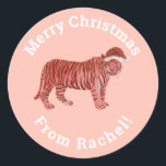 Pegatina Redonda Personalizado Rosa Merry Christmas Santa Tiger<br><div class="desc">Este lindo pegatina redondo clásico rosado personalizado de Feliz Navidad Santa Tiger le dará a sus regalos un toque personal fácilmente. Puede editar el texto si hace clic en el botón personalizar y cambia el estilo de fuente, color y texto. Tus regalos tendrán un toque personal único con este ilustracion...</div>