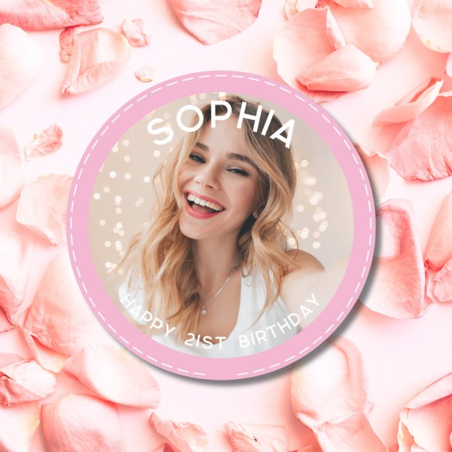 Pegatina Redonda Personalizado Rosa Moderno foto de cumpleaños 21 (Custom Pink Modern 21st Birthday Photo Classic Round Sticker)