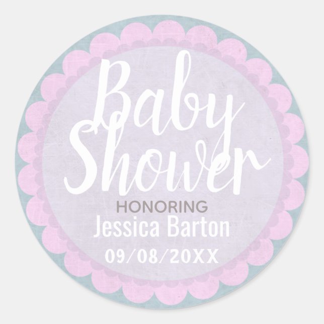 Pegatina Redonda Personalizado rosa y gris pastel suave Baby Shower