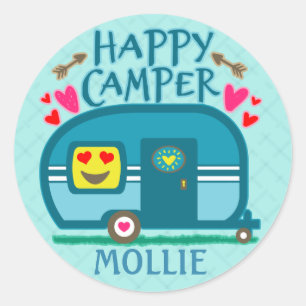 Pegatina Redonda Personalizado Rustic Camping Happy Camper RVing