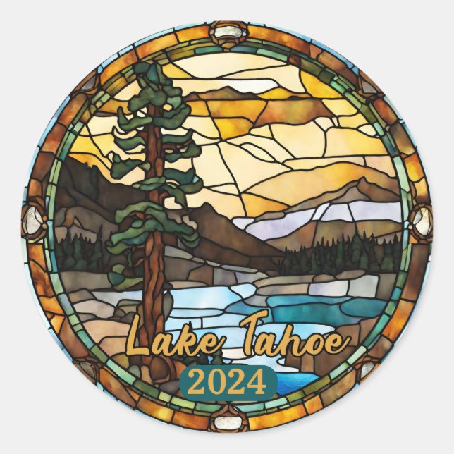 Pegatina Redonda Personalizado Rustic Lake Tahoe Faux StainGlass (Anverso)