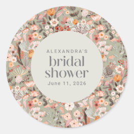 Pegatina Redonda Personalizado Rústico Sage Green Floral Boho Brida