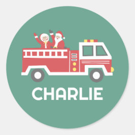 Pegatina Redonda Personalizado Santa Claus en un camión de bomberos