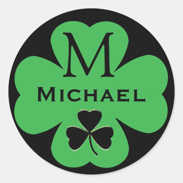 Pegatina Redonda Personalizado Shamrock con monograma y nombre (Anverso)