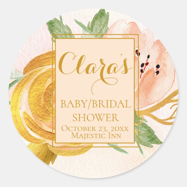 Pegatina Redonda Personalizado Shower Gold Apricot Watercolor Flora (Anverso)