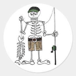 Pegatina Redonda Personalizado Skeleton Fisherman con un pez esquel