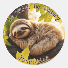 Pegatina Redonda Personalizado sloth baby durmiendo cita graciosa