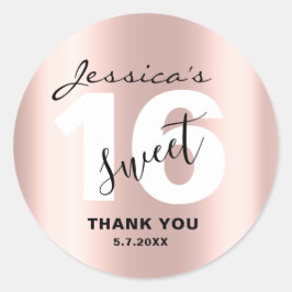 Pegatina Redonda Personalizado Sweet 16 Sleek Rosa Gold Gracias Mod
