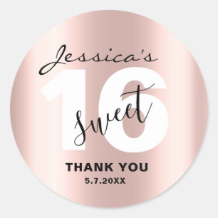 Pegatina Redonda Personalizado Sweet 16 Sleek Rosa Gold Gracias Mod