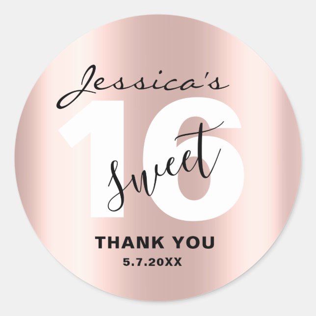 Pegatina Redonda Personalizado Sweet 16 Sleek Rosa Gold Gracias Mod (Anverso)