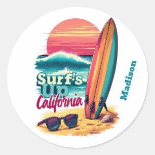 Pegatina Redonda Personalizado Text Surfing California