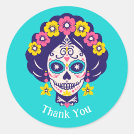 Pegatina Redonda Personalizado Texto Brillante Chica de cráneo azuc