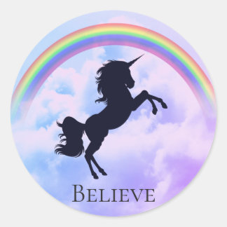 Pegatina Redonda Personalizado Texto Magia Unicornio Nubes Púrpura 
