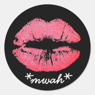 Pegatina Redonda Personalizado Texto Palo de labio rosa Kiss Mwah m