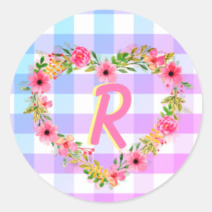 Pegatina Redonda Personalizado Texto/ Pastel Gingham Floral Corazón