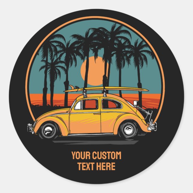 Pegatina Redonda Personalizado Texto Surfer Tropical Sunset (Anverso)