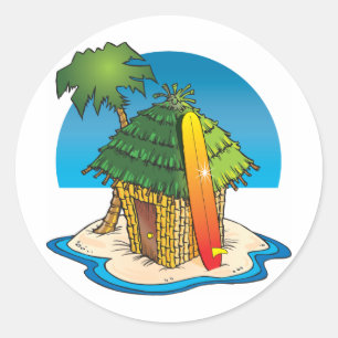 Pegatina Redonda Personalizado Tiki Hut con Surfboard y Palm