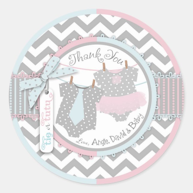 Pegatina Redonda Personalizado Tutu y Tie Género Baby Shower descon (Anverso)