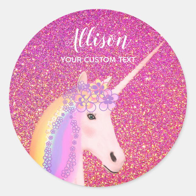 Pegatina Redonda Personalizado Unicorn Purpurina rosa (Anverso)