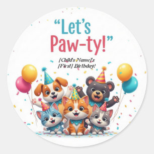 Pegatina Redonda Personalizado "¡Vamos Paw-ty!" Niños amigos de ani