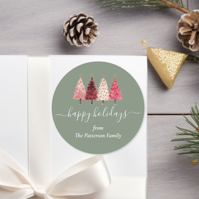 Pegatina Redonda Personalizado verde rosado del árbol de Navidad (Christmas Tree Red Pink Green Custom Classic Round Sticker)