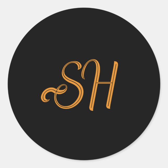 Pegatina Redonda Personalizados de guiones dorados iniciales negro (Anverso)