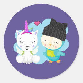 Pegatina Redonda Personalizados felinos: unicornio y pájaro felices