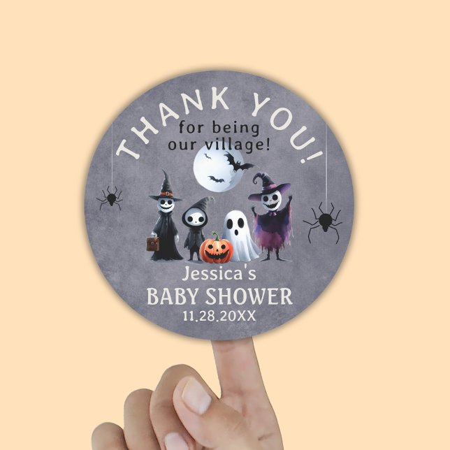 Pegatina Redonda Personalizados Monsters Halloween Baby Shower Grac (Custom Monsters Halloween Baby Shower Thank You Classic Round Sticker)