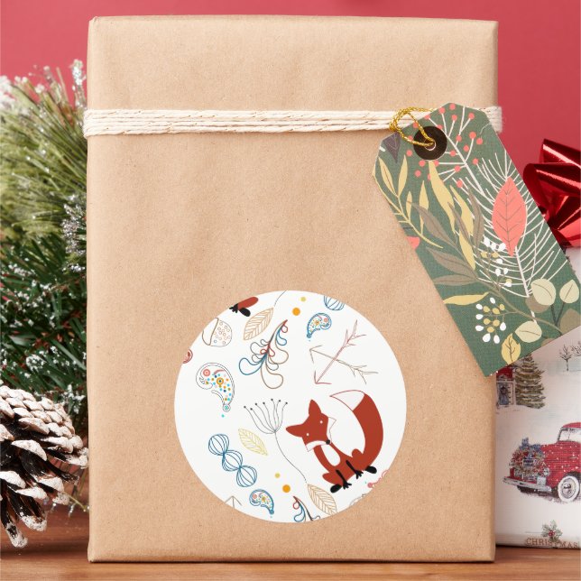 Pegatina Redonda Personalizar el modelo moderno de Fox Woodland (Vacaciones)